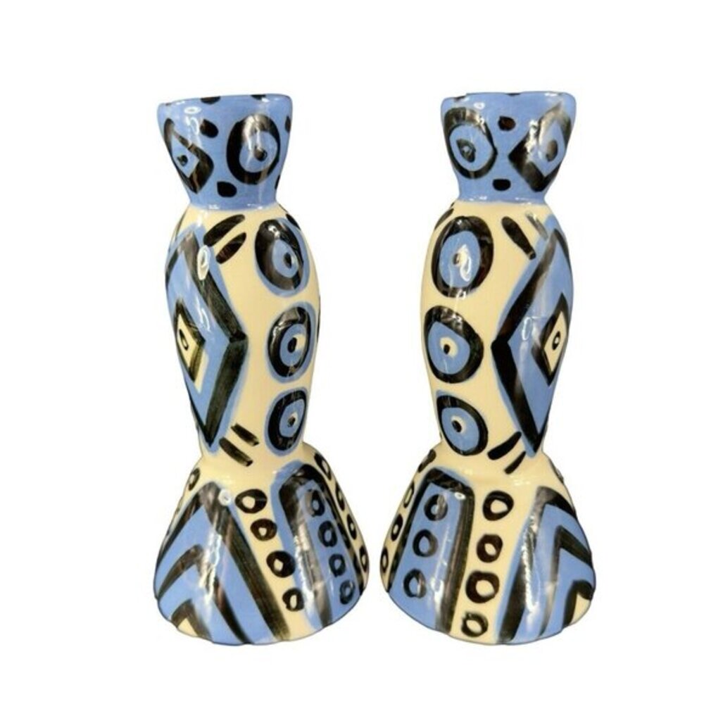 Hand Painted Vintage Pottery Candle Stick Holder Set 2 Signed YCHUK Abstract‎ 2